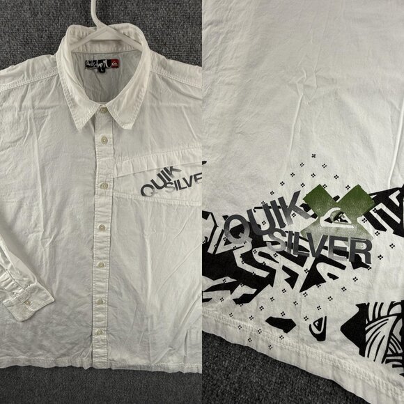 Quiksilver Cotton Graphic Print Large White Skate Button Up Men Shirt Pocket - Picture 1 of 16